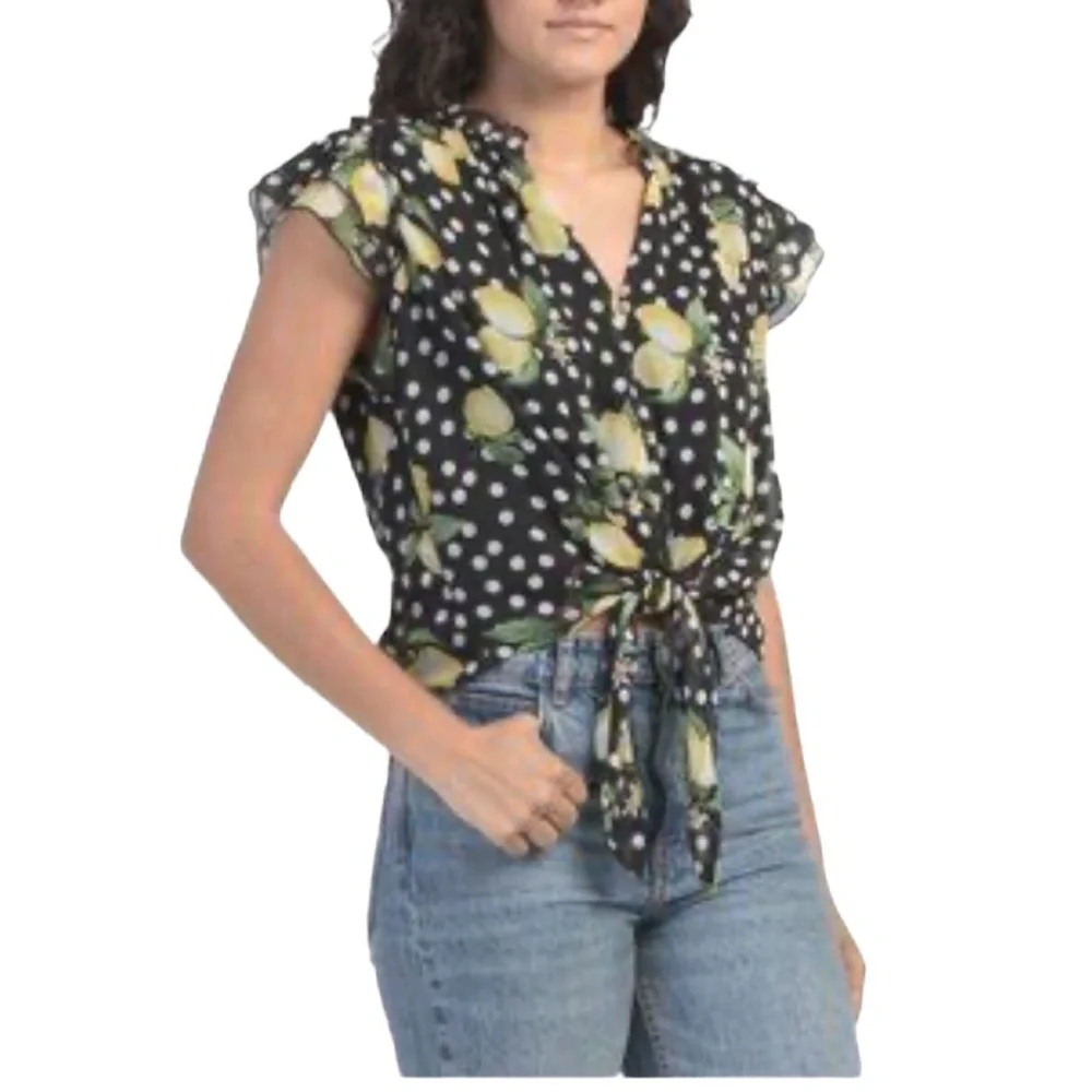 Haver & Blair Tie Front Ruffle Sleeve Lemon Floral Blouse Small NWT - Picture 11 of 11